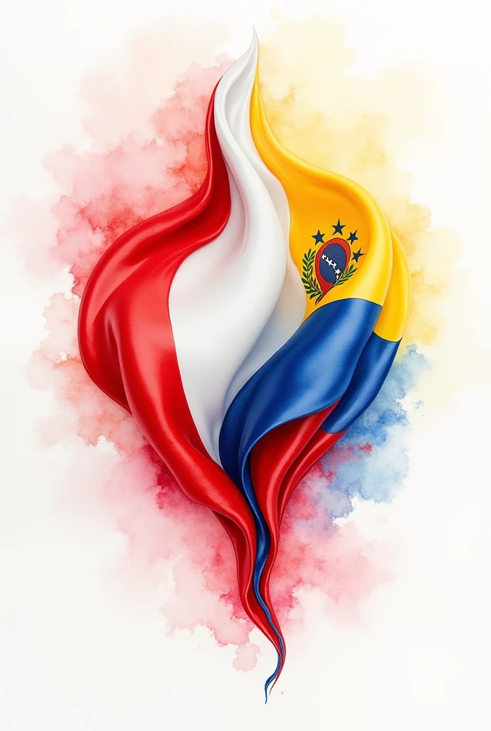 Watercolor of the flags of Chile and Venezuela that intertwine and fade like drops of water as if they were a single flag