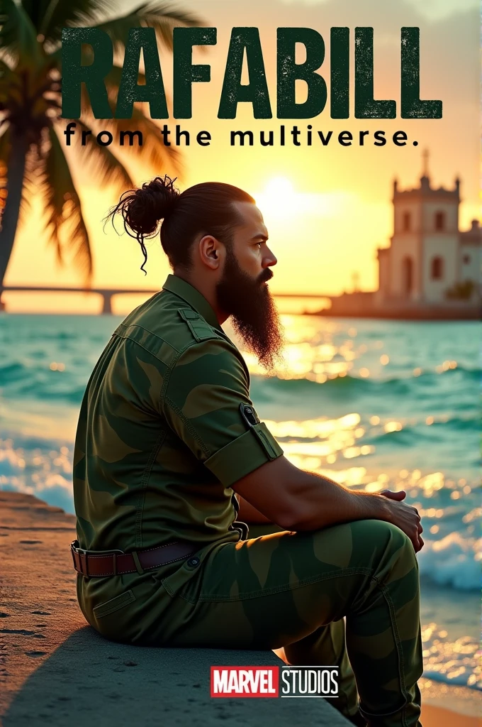 Generate a muscular man in a camouflage uniform with olive green tones with a beard and long hair tied in a bun sitting on the Havana seafront looking at the sea and with a main text in the image in the style of a Marvel movie that says "Rafabill" big and smaller below "from the multiverse" including the marvelstudio logo
