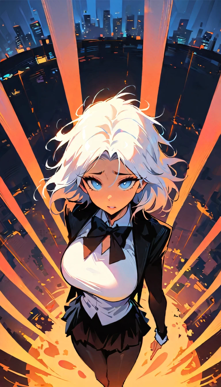 (high quality, 8k, 4K, high contrast, artwork:1.2, high quality, best aesthetics), (centered), ((1 woman)), erotic, sensual, mature body, grown woman, super detailed, beautiful face detailed, beautiful eyes detailed, detailed beautiful mouth, (white hair), (long wavy white hair), (blue eyes), (black eyeliner), (black eyeshadow), (sadness expression), (simple white shirt with collar), (black jacket), (black bow tie), (black ruffle skirt), (black leggings), (standing), (front view), (looking at the viewer), (piercing gaze), (on top of a building with a city in the background), (rainy night), (big breasts)