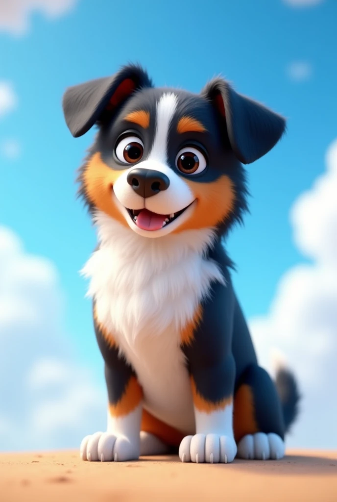 Dog character, eyes black, grown-up, hair around the eyes black, white snout, Half black body, around the neck chest and front legs white, black ears, medium snout,  cachorro grande grown-up, comprido, with short hair, short coat, with sky and clouds background, animation character, stylized character, animation style rendering, 3d stylized, Arnold Maya rendering, Stylized 3D rendering, toon render screenshot, 3d character, 3d character, Stylized 3D rendering, 3D character rendering, cartoon character, Personagem de close up, character posing,  (Pixar-style) (master part:1.2) (bokeh) (best qualityer) (skin detailed) (detailed texture) (8k) (Argilla) (cinematic lighting) (sharp focus