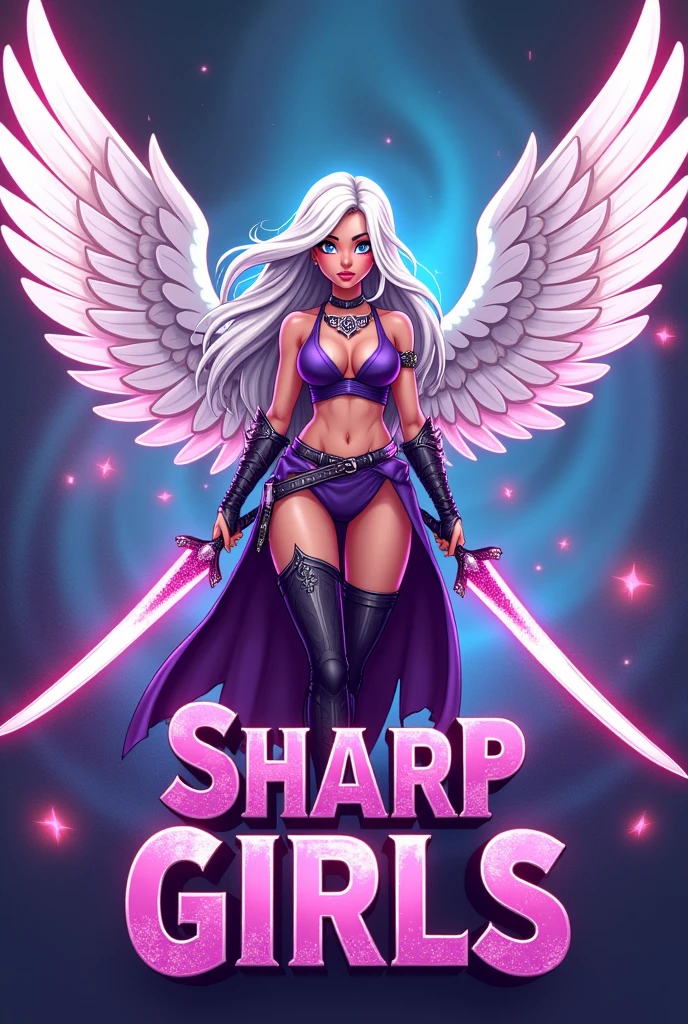 Guild logo carton with the name SHARP GIRLS large on the front,  and a cartoon drawing of a beautiful warrior woman with swords and long white wings and long white hair and purple clothes
