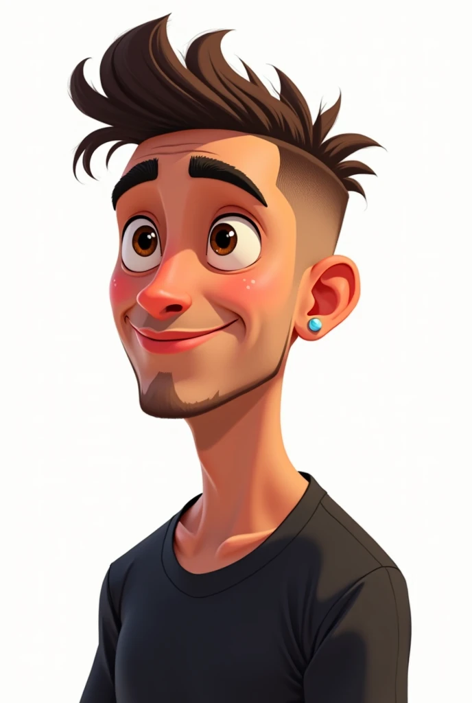 create a pixar-style image with a clean white background of a 33 year old man , beardless white to brown skin , Brown eyes , Short crest haircut in a degraded barber style with small round earrings in the ear and a black t-shirt looking half-profile to the right with an expression