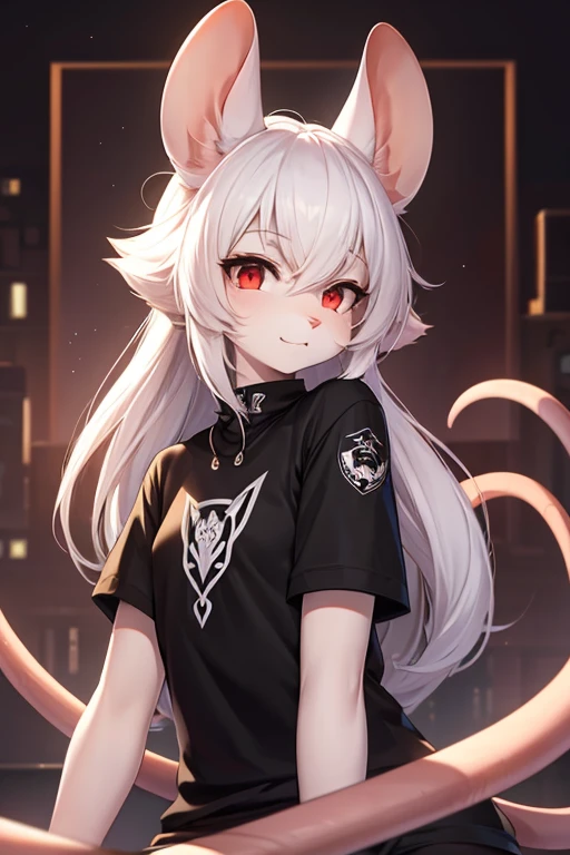 mouse girl, white fur, Eyes red, thin mouse whiskers,black jersey, High definition,HD 4k, rat tail, mouse ears, anthropomorphic time, velues ,shorth hair