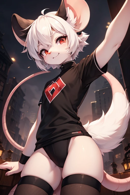 mouse girl, white fur, Eyes red, thin mouse whiskers,black jersey, High definition,HD 4k, rat tail, mouse ears, anthropomorphic time, velues ,shorth hair