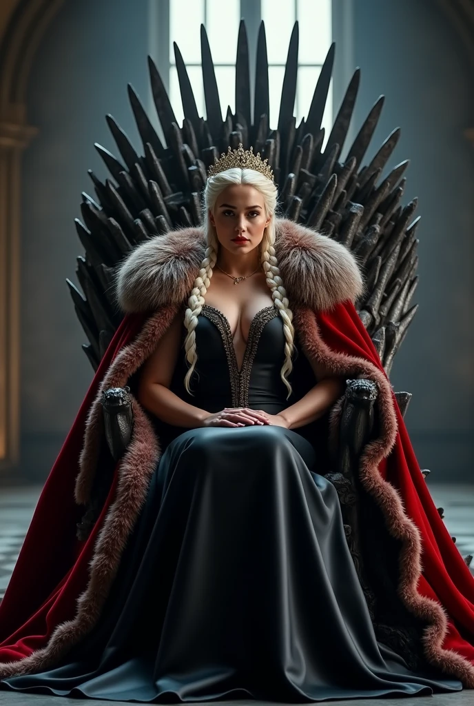 A beautiful Thick weight Targaryen Queen wearing a Royal black silky Queen gown with red cloak and furry cloak,Her platinum blonde hair is braided to set around her back head, She's wearing a golden Crown, she's sitting on the iron throne with a black large hall with a vertical window in back.