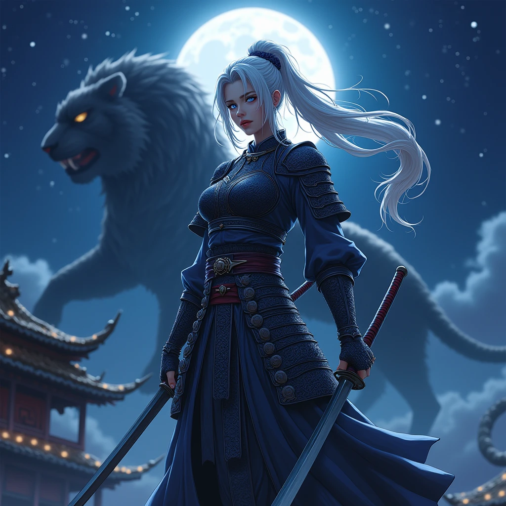 Silver-haired armored kunoichi, blue eyes with aggressive stance wielding two katanas wearing black and dark blue Japanese armor on the roof of a Japanese castle against the night sky and the shadow of a black tiger MeinaUnreal