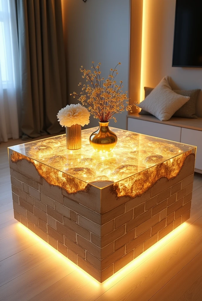 Small and simple, this handcrafted square small table features a clear acrylic glass top that creates a simple visual effect similar to a deep well thanks to the warm golden LED lighting.. The sides are made of high-quality MDF wood covered with 3D wallpaper that reflects the look of natural brick.. The table is decorated with simple decorations such as artificial flowers and golden ornaments made of light materials.. The table is placed on a light wooden floor, adding a touch of simplicity and modernity.. The design combines elegance and economy, making it suitable for any home.