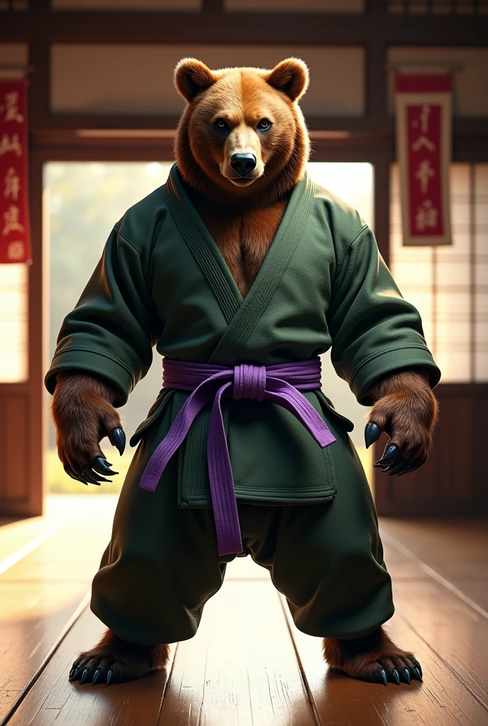 "A hyper-realistic image of an aggressive brown bear in a traditional Japanese dojo. The bear is wearing a militar green jiu-jitsu kimono jacket and pants, with a purple belt (faixa) tied around its waist, featuring four stripes (degrees) on the belt. The bear's fur is detailed and textured, and its stance is powerful and intimidating, with sharp claws visible and a fierce expression. The dojo is traditional, with wooden floors, shoji screens, and martial arts banners hanging on the walls. The lighting accentuates the bear's muscular build and the intense atmosphere in the dojo.", "size": "1024x1024"