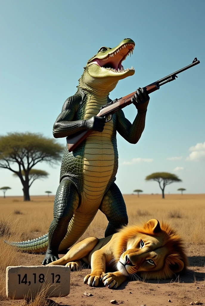 Create an image of a crocodile holding a rifle with a dead lion on the ground with number 14.18.12 ago