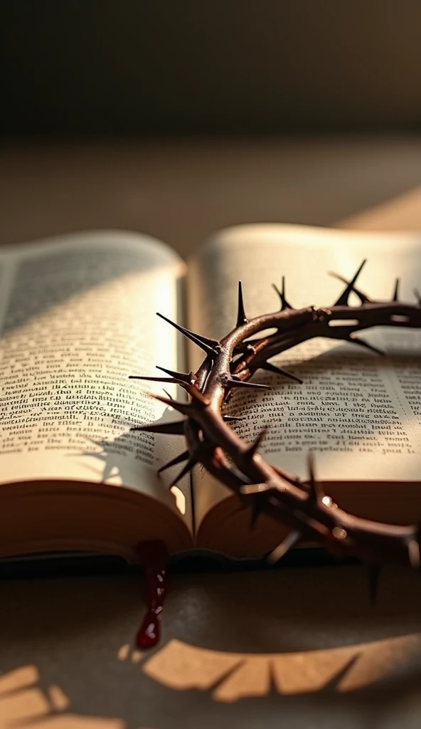 "Create an evocative image with an open Bible in the foreground on a simple, neutral surface. Next to the Bible, put on a crown of thorns, with visible details and drops of blood gently dripping from its thorns. Highlight the texture of the two objects and the drops of blood, creating a dramatic contrast. The atmosphere of the image should convey a feeling of deep reflection and sacrifice.."