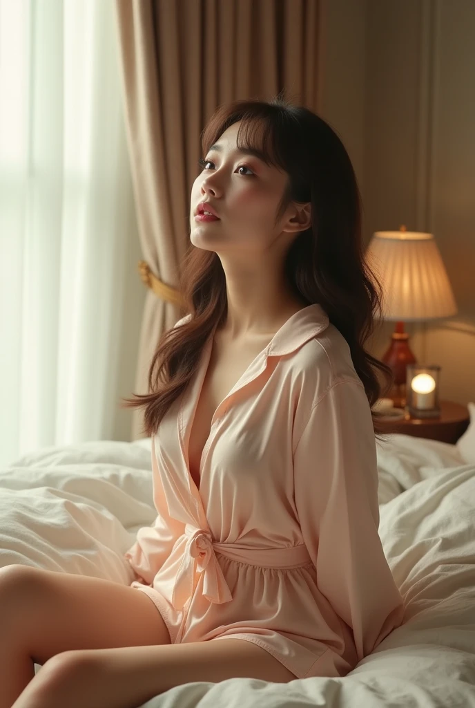 (Best Quality, 8k, 32K, masterpiece, ultra high definition: 1.3), (K-POP idol: 1.3), 1 girl, (giant breasts: 1.5), (by the wide), ABS, Perfect shape, Ultra Fine Face, delicate lips, Beautiful Eyes Double Eyelid Pajama Bed (sultry) ((woken up: 1.5)) sin brassier