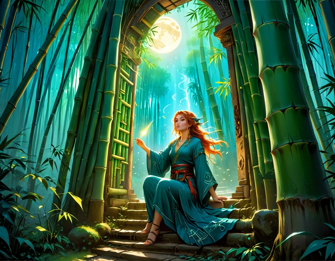  picture of a human sorceress sittings in (bamboo forest: 1.3), opening a large magical doorway, with magical runes on it, looking into the (heavens: 1.3), fantasy art, RPG art, an epic beautiful human woman (best details, Masterpiece, best quality), ultra detailed face (best details, Masterpiece, best quality), dynamic hair color, dynamic hair style, dynamic eyes color, dynamic dress (best details, Masterpiece, best quality), bamboo, the magical doorway opens into the heavens and you can see angels flying, glowing arcane sigils GlowingRunes_paleblue, fantasy bamboo forest at night, moon light, moon rays, stars, Ultra-high resolution, High Contrast, (masterpiece:1.5), highest quality, Best aesthetics), 16K fantasy art, best details, best quality, highres, (ultra wide angle: 1.2), 16k, [ultra detailed], masterpiece, best quality, (extremely detailed), Cinematic Hollywood Film
