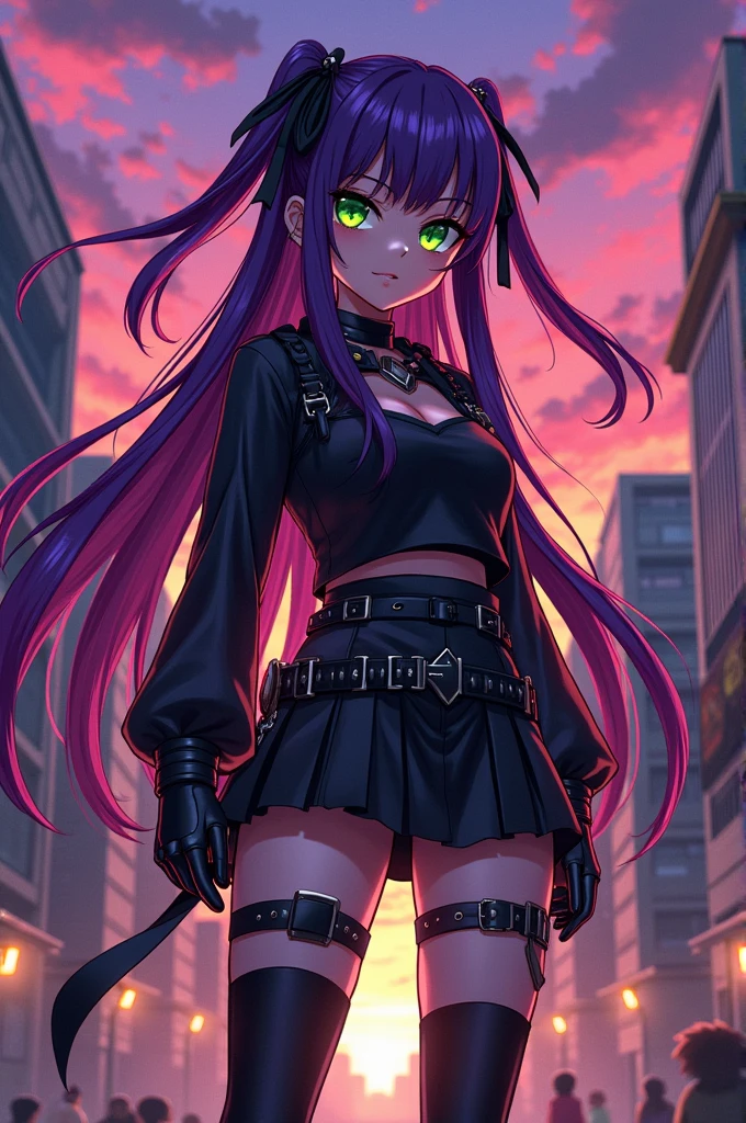 Bnha anime girl strong bright green eyes and long hair to the knees purple and black ribbons nice clothes