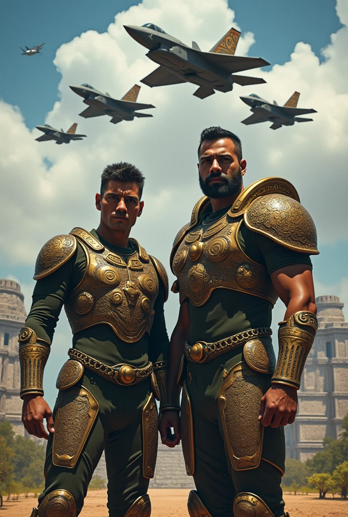 3 planes and F35 Raptor seen from the side with Aztec Empire motifs, with the legend Aztec legion, 2 pilots standing side by side in modern armor with pre-Hispanic Mayan motifs, Aztec city in the background and 5 eagles flying in V formation, with the legend of the Aztec legion