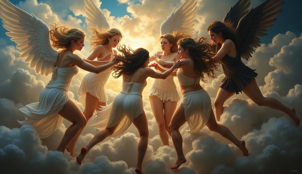 expressive caravaggio painting; many naked womans angels; they fighting each other at sky; from a lower point of view; a lot of detail; realistic; they trying to bring down each one; really beautiful womens from different hair colors; they injuring each others; some wings are damaged; there's blood; and white and dark wings; differente compositions and angles; chiaroescuro; forbidden; beautiful womens