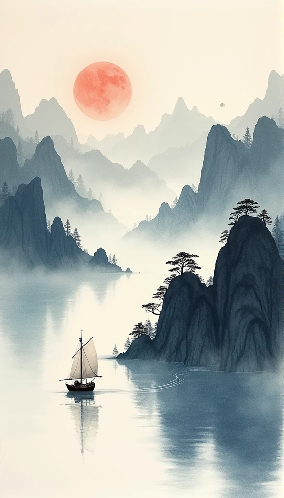 Chinese landscape painting,ink and watercolor painting,water ink,ink,blur,Meticulous,water ink,blur,Meticulous,blur,Low saturation,low contrast,A light ship crossed ten thousand heavy mountains.,Beautifully described,detailed,Acura,works of masters,masterpiece