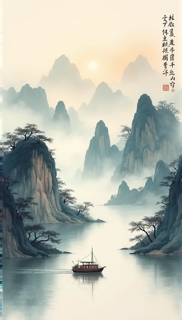 Chinese landscape painting,ink and watercolor painting,water ink,ink,blur,Meticulous,water ink,blur,Meticulous,blur,Low saturation,low contrast,A light ship crossed ten thousand heavy mountains.,Beautifully described,detailed,Acura,works of masters,masterpiece