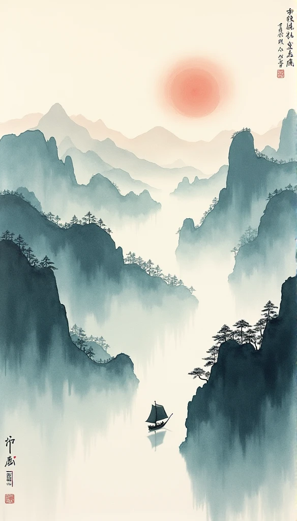 Chinese landscape painting，ink and watercolor painting，water ink，ink，blur，Meticulous，water ink，blur，Meticulous，blur，Low saturation，low contrast，A light ship crossed ten thousand heavy mountains.，Beautifully described，detailed，Acura，works of masters，masterpiece