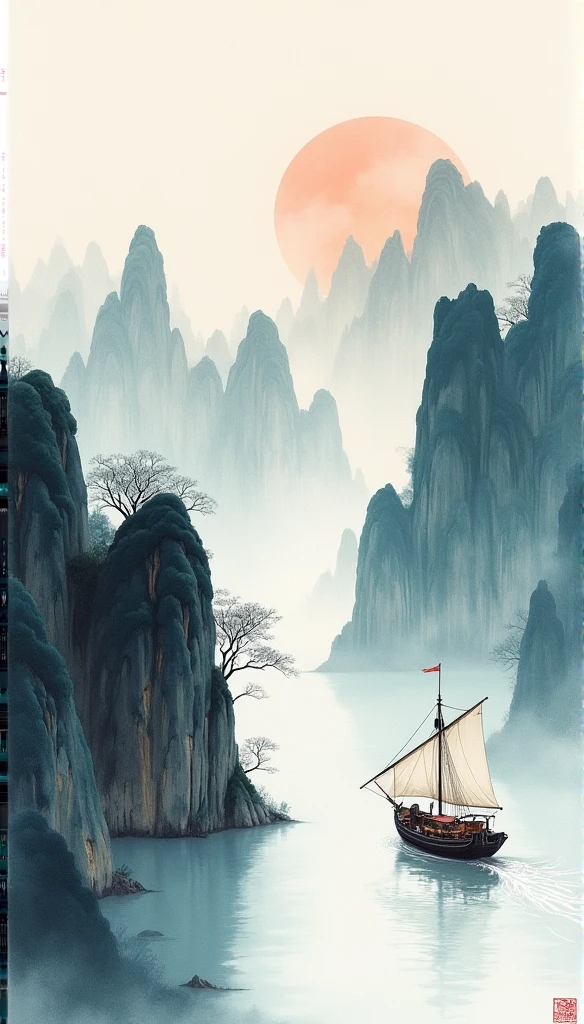 Chinese landscape painting,ink and watercolor painting,water ink,ink,blur,Meticulous,water ink,blur,Meticulous,blur,Low saturation,low contrast,A light ship crossed ten thousand heavy mountains.,Beautifully described,detailed,Acura,works of masters,masterpiece