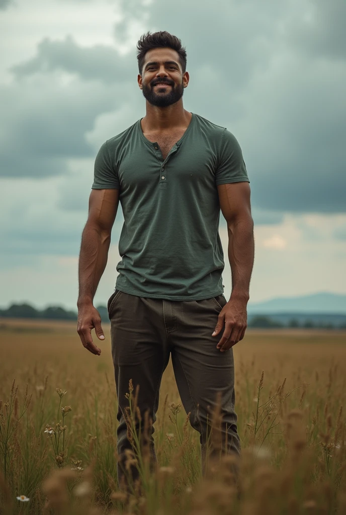 Make a young Germanic Man, his name is Jhonata he is 32 years old and 2,10 tall, Its appearance is robust and slightly handsome, His physique is athletic, He is a little stressed but he manages to get a good laugh out of his friends, he is in an open field with cloudy weather and no rain with a slight smile on his face, make image photo realistic.