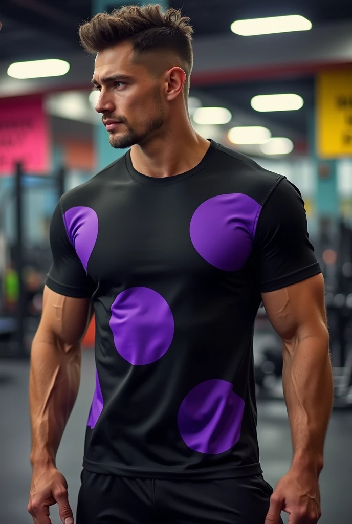 A black sports t-shirt to customize, with large purple spots