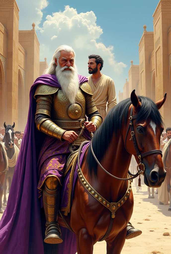 Create for me the story of the book of Esther of Haman with the Persian General with a well-groomed white beard in front of the horse pulling the reins and Mordecai a middle-aged Hebrew with a well-groomed white beard in a beige outfit and a purple cape riding a horse the general in front of the horse guiding