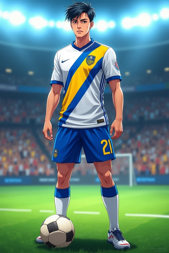 a solo anime , Football player , by white, blue and yellow t-shirt
