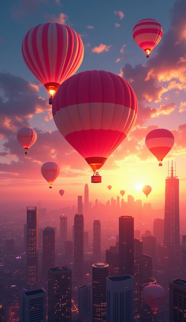 anime inspired Bright Balloons over Urban Skyline: A bright many hot air balloons rises above a bustling cityscape at sunset, with skyscrapers and city lights creating a dynamic and energetic backdrop. Realistic and cinematic. Award winning photography. Advertising photography. Commercial photography --chaos 23 --ar--stylize 750, Hawaii, gta vice style , illustration , reteo comic illustration