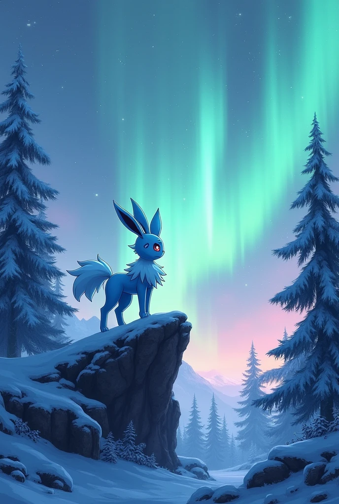 A glaceon in a snowy forest watching an aurora borealis from a cliff
