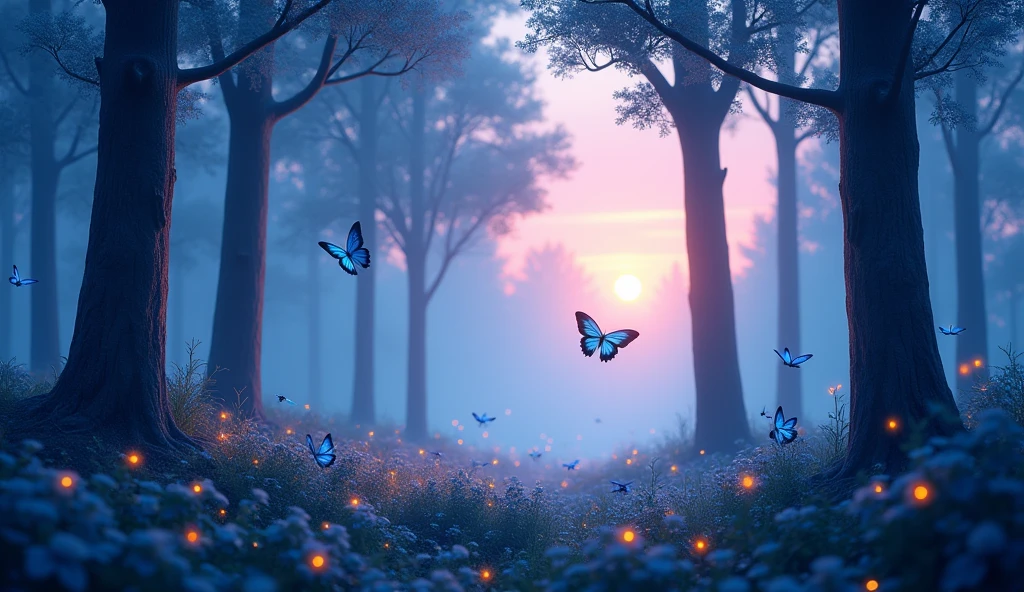 Blue butterflies at dawn in the forest with tall thin trees blue and purple weather with fireflies More trees 3D image