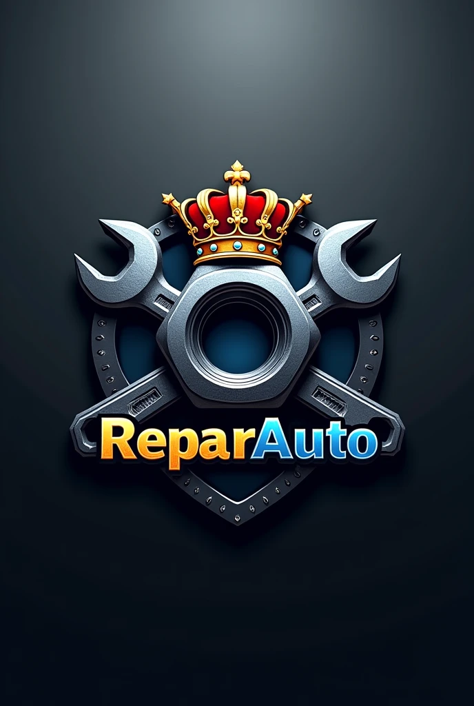 A logo of an automotive workshop with a nut and two wrenches in the center with a crown above and the name ReparAuto