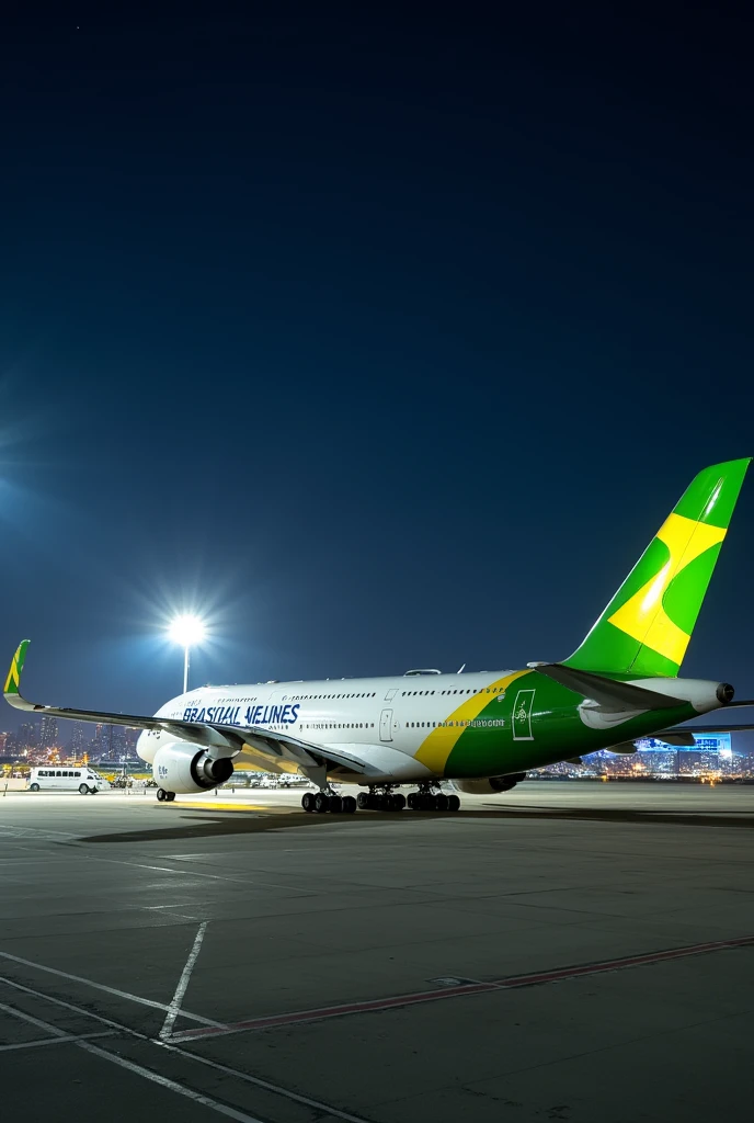 Create an Airbus a380 written brazilian airlines at night 
