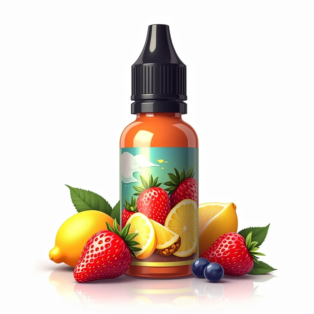 Vector art, small bottle of vaping liquid with label, The label depicts fruits, White background