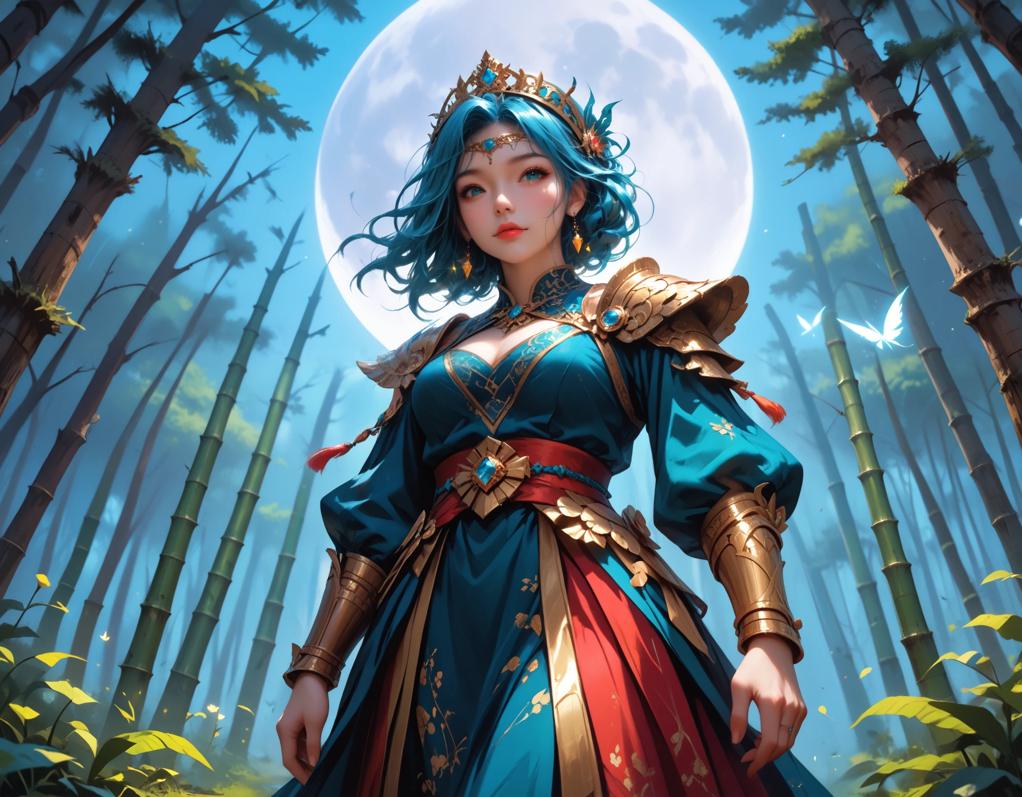  picture of a human sorceress sittings in (bamboo forest: 1.3), opening a large magical doorway, with magical runes on it, looking into the (heavens: 1.3), fantasy art, RPG art, an epic beautiful human woman (best details, Masterpiece, best quality), ultra detailed face (best details, Masterpiece, best quality), dynamic hair color, dynamic hair style, dynamic eyes color, dynamic dress (best details, Masterpiece, best quality), bamboo, the magical doorway opens into the heavens and you can see angels flying, glowing arcane sigils GlowingRunes_paleblue, fantasy bamboo forest at night, moon light, moon rays, stars, Ultra-high resolution, High Contrast, (masterpiece:1.5), highest quality, Best aesthetics), 16K fantasy art, best details, best quality, highres, (ultra wide angle: 1.2), 16k, [ultra detailed], masterpiece, best quality, (extremely detailed), Cinematic Hollywood Film
