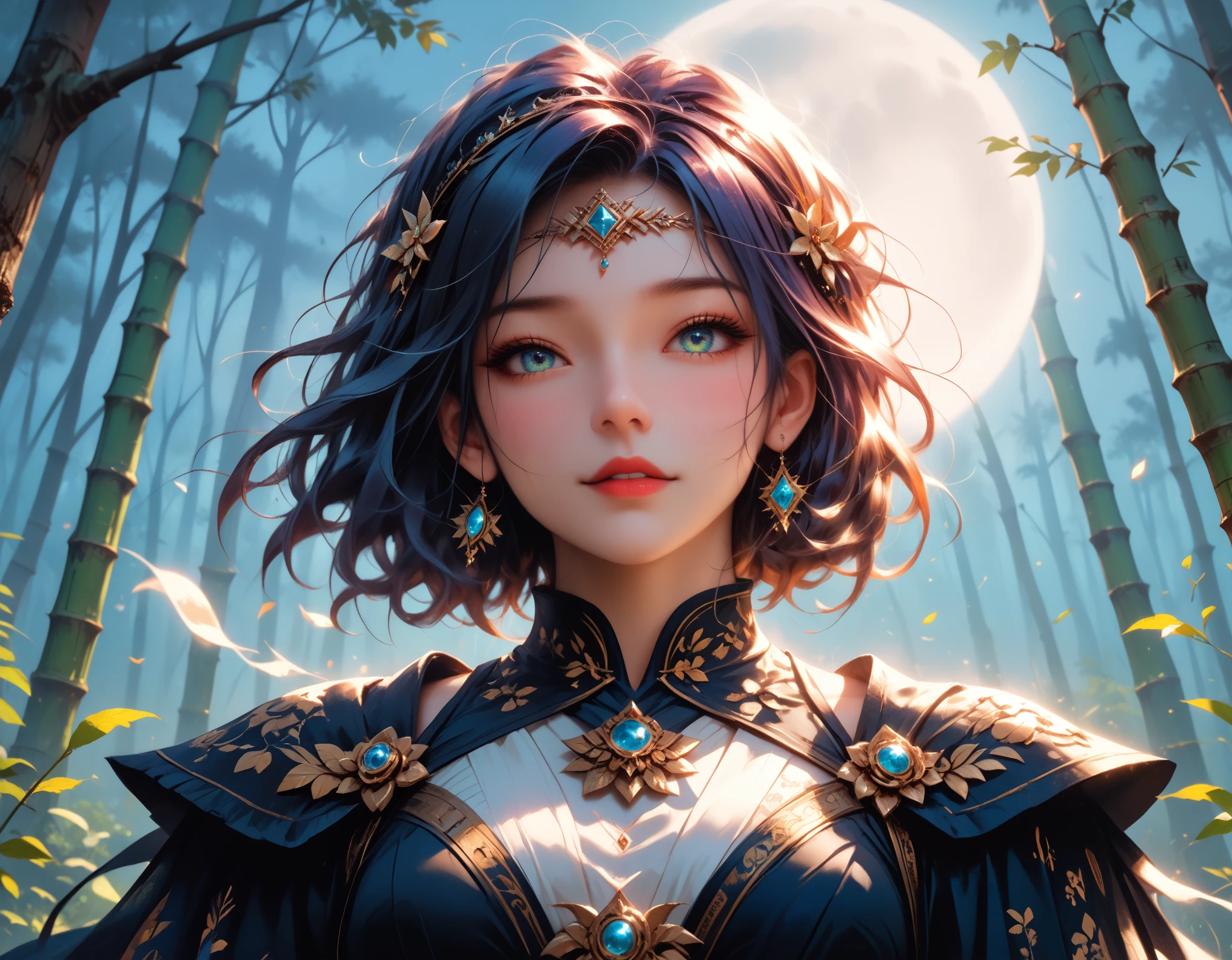  picture of a human sorceress sittings in (bamboo forest: 1.3), opening a large magical doorway, with magical runes on it, looking into the (heavens: 1.3), fantasy art, RPG art, an epic beautiful human woman (best details, Masterpiece, best quality), ultra detailed face (best details, Masterpiece, best quality), dynamic hair color, dynamic hair style, dynamic eyes color, dynamic dress (best details, Masterpiece, best quality), bamboo, the magical doorway opens into the heavens and you can see angels flying, glowing arcane sigils GlowingRunes_paleblue, fantasy bamboo forest at night, moon light, moon rays, stars, Ultra-high resolution, High Contrast, (masterpiece:1.5), highest quality, Best aesthetics), 16K fantasy art, best details, best quality, highres, (ultra wide angle: 1.2), 16k, [ultra detailed], masterpiece, best quality, (extremely detailed), Cinematic Hollywood Film

