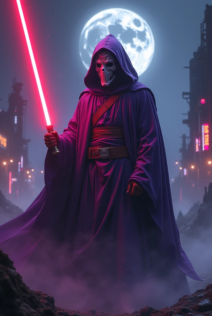 The app Instagram as a Sith Lord from Star Wars, colors of the app (purple, white, yellow), red lightsaber, creepy, scary, ultra-realistic 