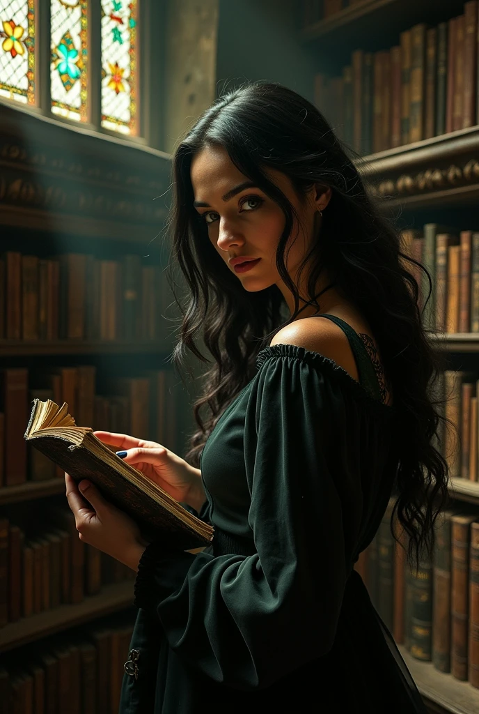 beautiful womens; looking for a forbidden book in ancient library with a lost of mistery and secrets; caravaggio painting