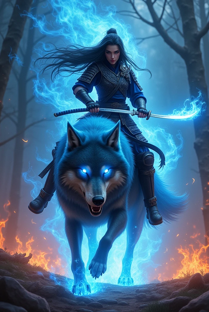 Female ninja samurai with burning fire effect and riding a wolf with blue fire effect