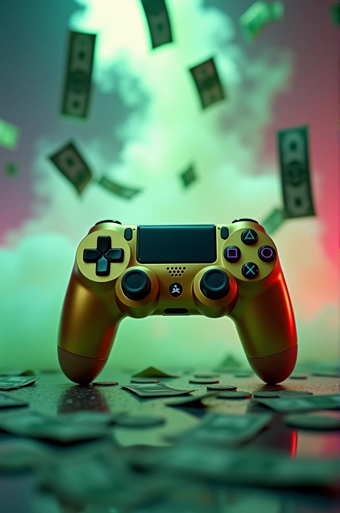 A shiny gold video game controller with money bills in the background coming out with a bright smoke