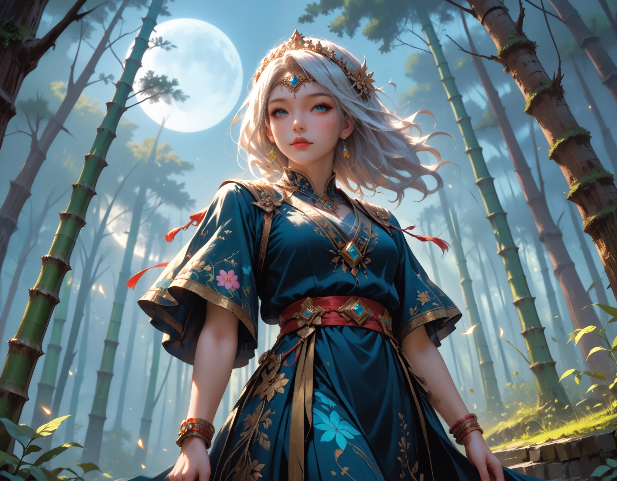  picture of a human sorceress sittings in (bamboo forest: 1.3), opening a large magical doorway, with magical runes on it, looking into the (heavens: 1.3), fantasy art, RPG art, an epic beautiful human woman (best details, Masterpiece, best quality), ultra detailed face (best details, Masterpiece, best quality), dynamic hair color, dynamic hair style, dynamic eyes color, dynamic dress (best details, Masterpiece, best quality), bamboo, the magical doorway opens into the heavens and you can see angels flying, glowing arcane sigils GlowingRunes_paleblue, fantasy bamboo forest at night, moon light, moon rays, stars, Ultra-high resolution, High Contrast, (masterpiece:1.5), highest quality, Best aesthetics), 16K fantasy art, best details, best quality, highres, (ultra wide angle: 1.2), 16k, [ultra detailed], masterpiece, best quality, (extremely detailed), Cinematic Hollywood Film
