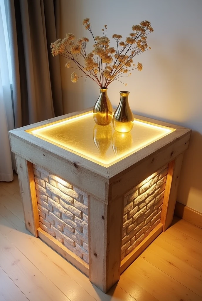 Small and simple, this handcrafted square small table features a clear acrylic glass top that creates a simple visual effect similar to a deep well thanks to the warm golden LED lighting.. The sides are made of high-quality MDF wood covered with 3D wallpaper that reflects the look of natural brick.. The table is decorated with simple decorations such as artificial flowers and golden ornaments made of light materials.. The table is placed on a light wooden floor, adding a touch of simplicity and modernity.. The design combines elegance and economy, making it suitable for any home.