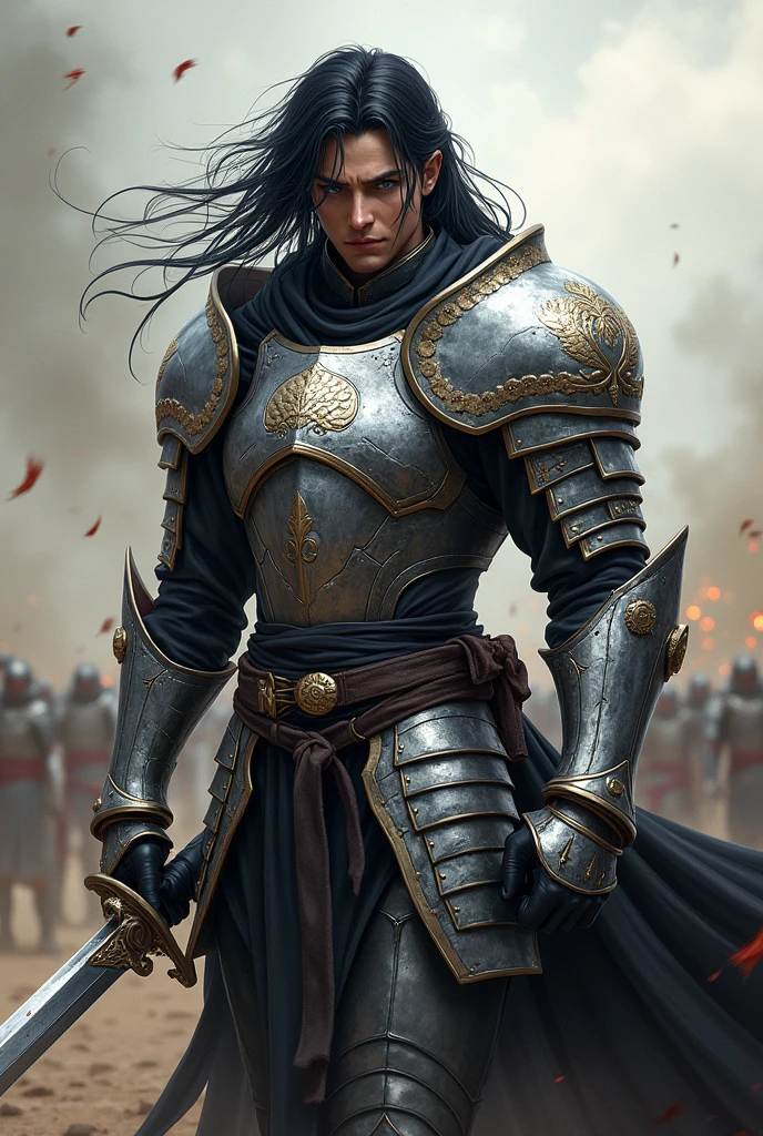 Kaome Higurashi a beautiful black-haired warrior, blue gaze, turgid body, He carries a sword and wears silver armor which he uses in the bloody war.