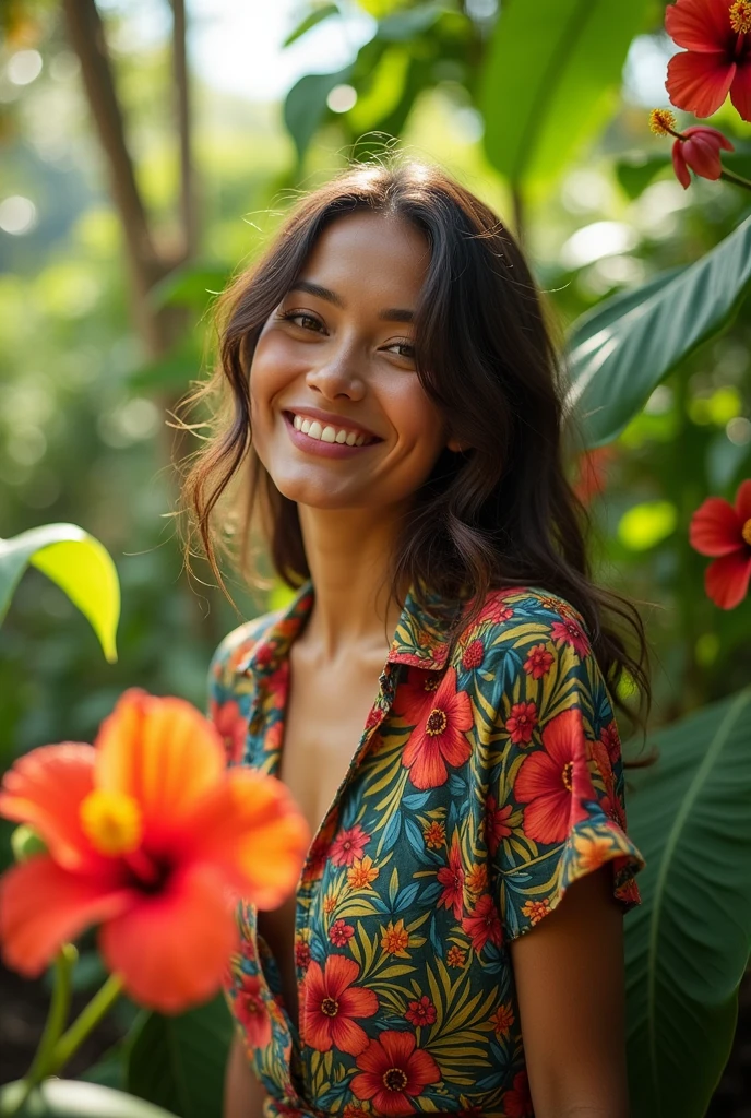 A Brazilian woman in a lush tropical garden, wearing an open shirt with a floral print, with a close-up capturing the harmonious beauty between her breasts and the natural flowers, showing off your natural charm and outgoing personality.
