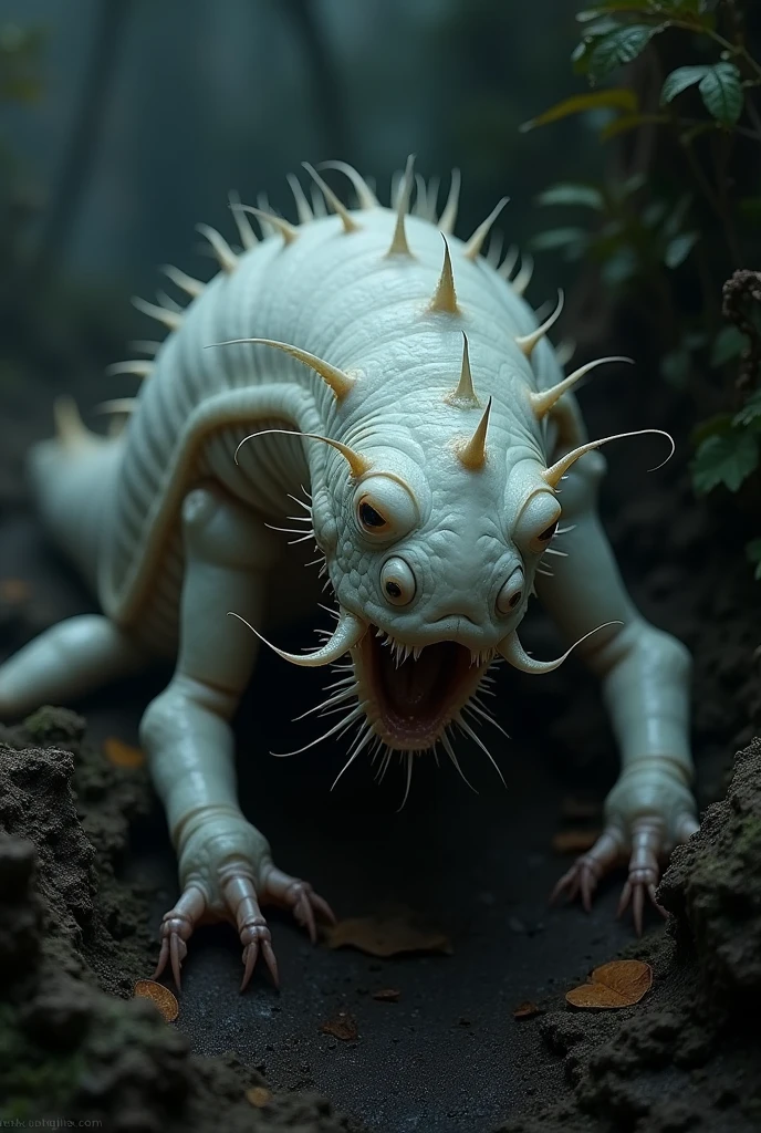 a disgusting and terrifying realistic white larva , with black hairs, a kind of beak with tentacles, without eyes 