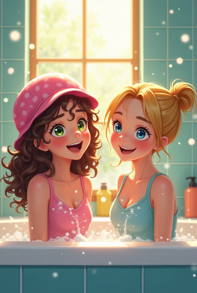 two young teenager girl taking a shower togather. Looking at the camera