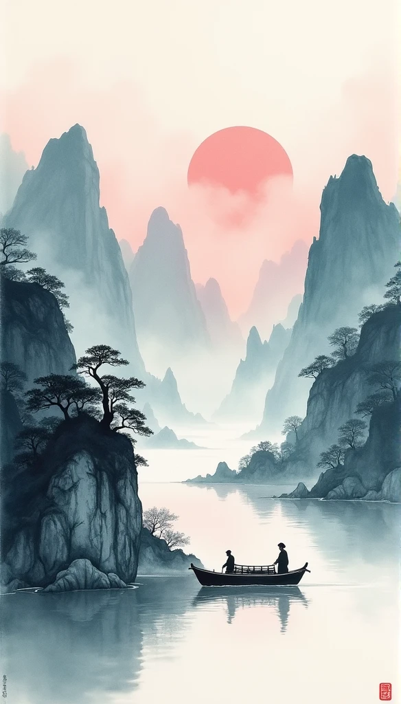 Chinese landscape painting，ink and watercolor painting，water ink，ink，blur，Meticulous，water ink，blur，Meticulous，blur，Low saturation，low contrast，A light ship crossed ten thousand heavy mountains.，Beautifully described，detailed，Acura，works of masters，masterpiece