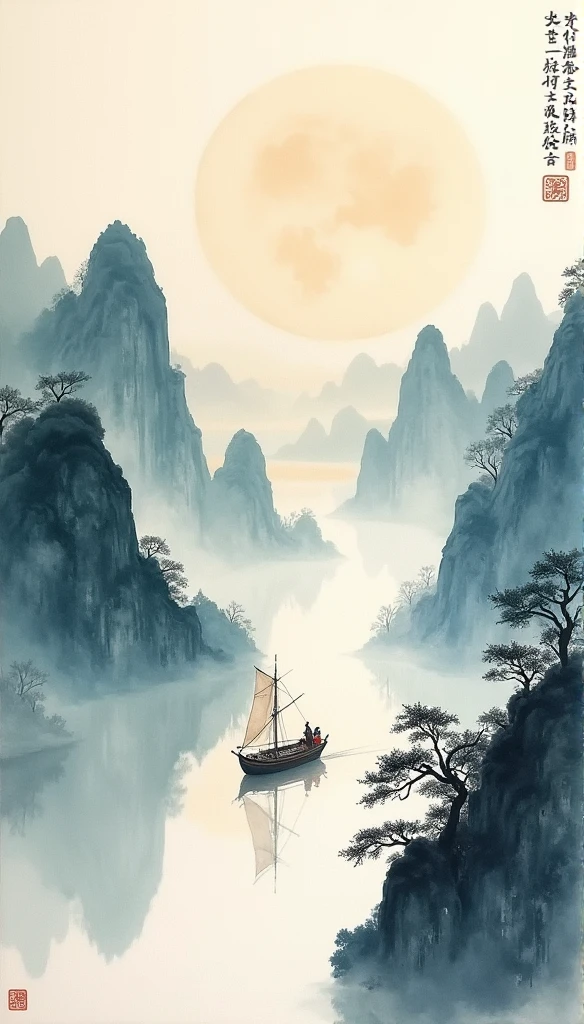 Chinese landscape painting,ink and watercolor painting,water ink,ink,blur,Meticulous,water ink,blur,Meticulous,blur,Low saturation,low contrast,A light ship crossed ten thousand heavy mountains.,Beautifully described,detailed,Acura,works of masters,masterpiece