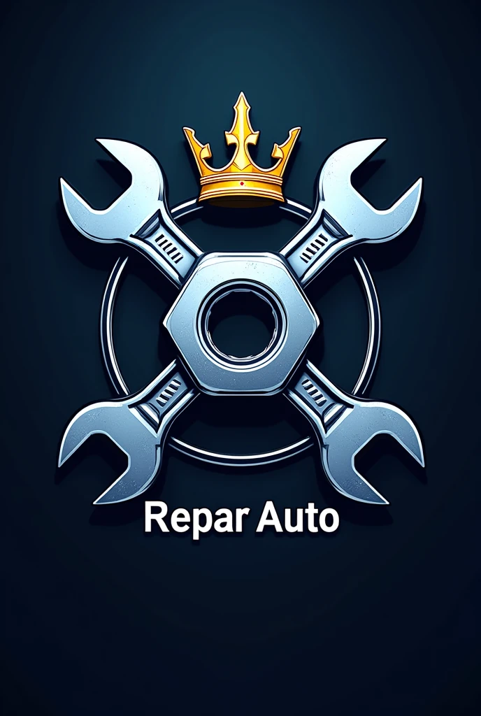 A logo of an automotive workshop with a nut and two wrenches in the center with a crown above and the name ReparAuto