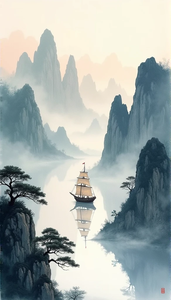 Chinese landscape painting,ink and watercolor painting,water ink,ink,blur,Meticulous,water ink,blur,Meticulous,blur,Low saturation,low contrast,A light ship crossed ten thousand heavy mountains.,Beautifully described,detailed,Acura,works of masters,masterpiece