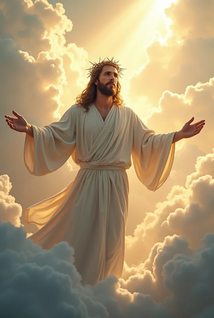 "Jesus, crowned with thorns, majestic and serene, stands high in the clouds of heaven. His gaze is one of compassion and wisdom, directed toward the Earth. The scene is enveloped in a heavenly luminosity, with soft clouds and rays of light highlighting His presence. The background is a vast and ethereal sky, conveying a sense of peace and spirituality."